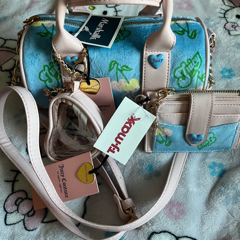Juicy Couture Powder Blue & Pale Pink Plush Mini Duffle with Gold Hardware